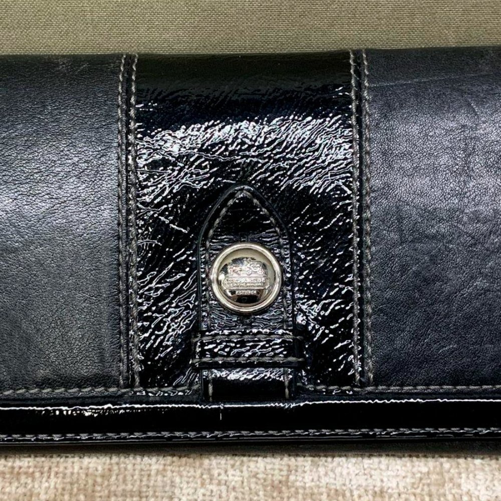 Coach Black Leather Trifold Wallet Snap Closure Gift Silver Snap